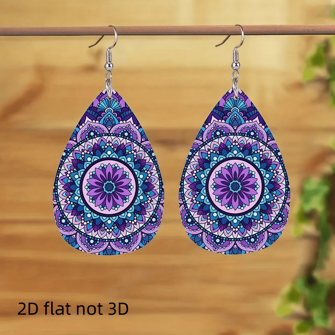 Women's Mandala Pattern 2D Flat Earrings, Unique Design